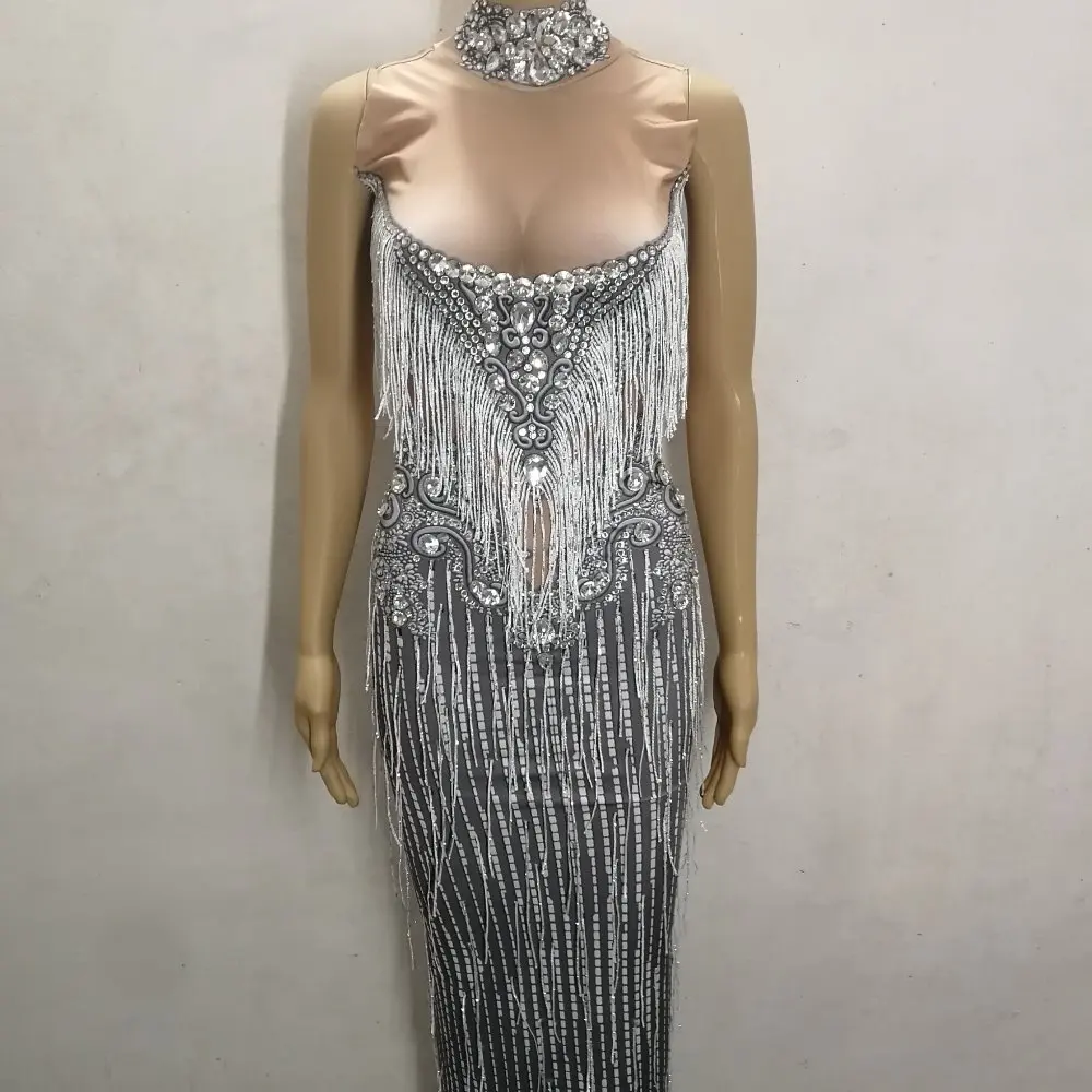 Sparkly Rhinestones Tassels Long Dress Nightclub Female Singer Host Stage Costume Party Celebration Performance One Piece Dress