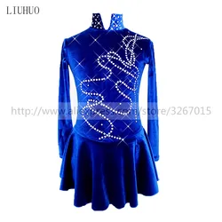Figure Skating Dress Women's Girls' Ice Roller Competition Royal Blue Long Sleeve Performance Leotard Dance Adult Gymnastics Kid