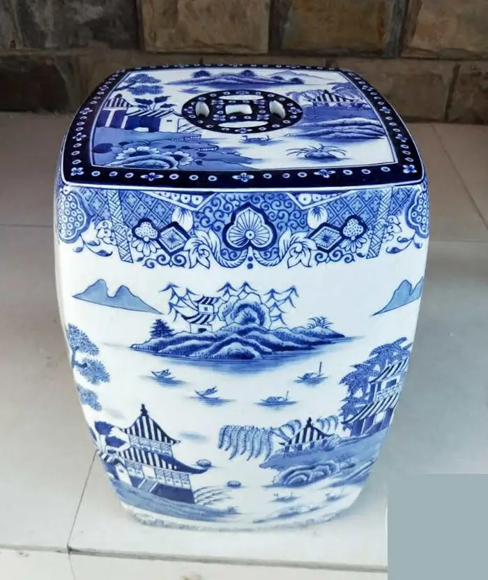 Jingdezhen Porcelain Stool Hand Painted Antique Blue And White Landscape Square Drum Stool Living Room Balcony stool