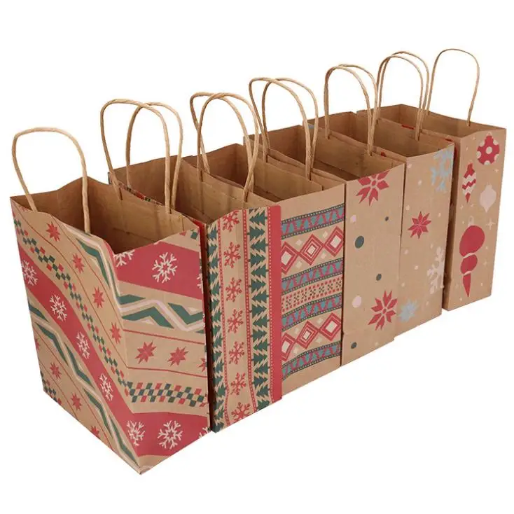 Christmas Kraft Paper Printed Gift Bags Handbag XMAS Presents Favors Toys Clothes Wrap Totes Packaging