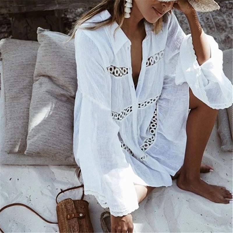 Boho Women Bikini Cover-Up White Hollow Long Sleeve Beach Dress Plus Size Loose Swimwear Beachwear Flare Sleeve White Cover Up