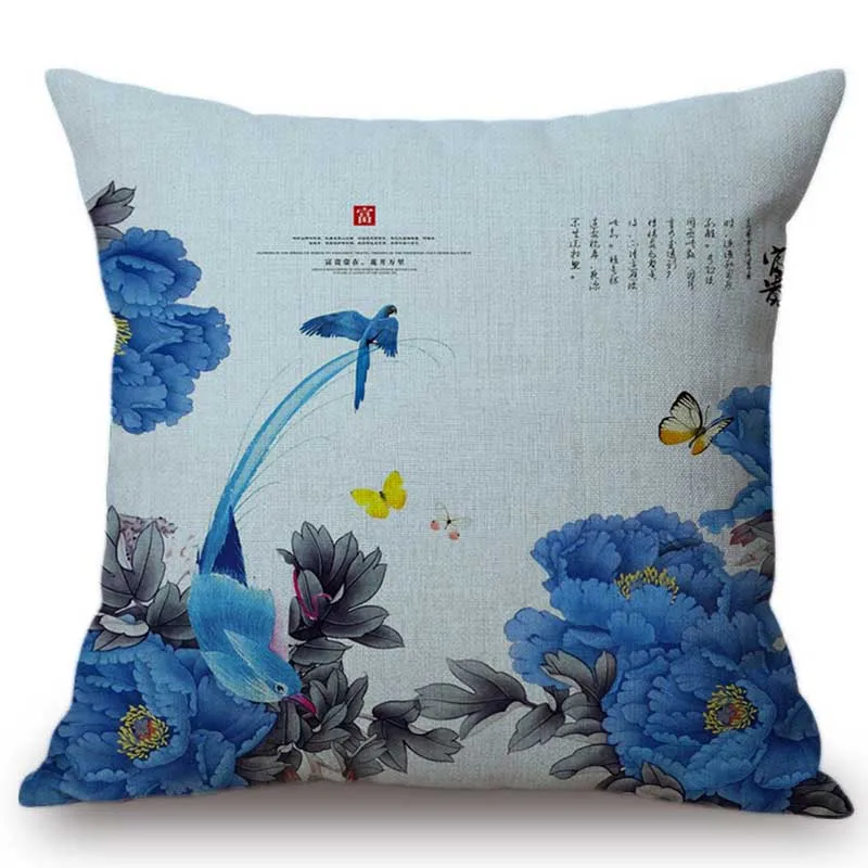 Traditional Chinese Decoration Style Sofa Throw Pillow Case Poem Letter Calligraphy Floral Bird Partten Linen Car Cushion Cover