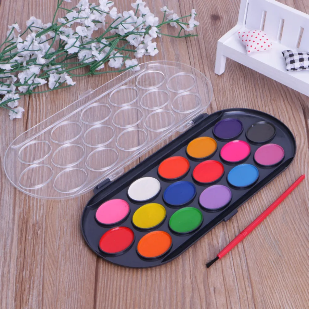 16 Colors Watercolor Palette Brush Set Painting Tray Craft Drawing Art Mini Kid Gift Painting Supplies School Student