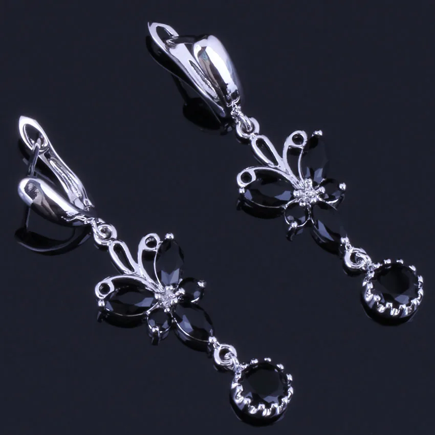 Enchanting Long Butterfly Black Cubic Zirconia Silver Plated Drop Dangle Earrings V0797