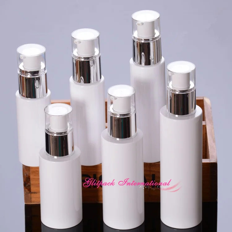 10pcs/lot 80ml 100ml 120ml 160ml 200ml Plastic Pumps Silver Pumps w/ Silver Caps High Quality White PET Pump Bottles