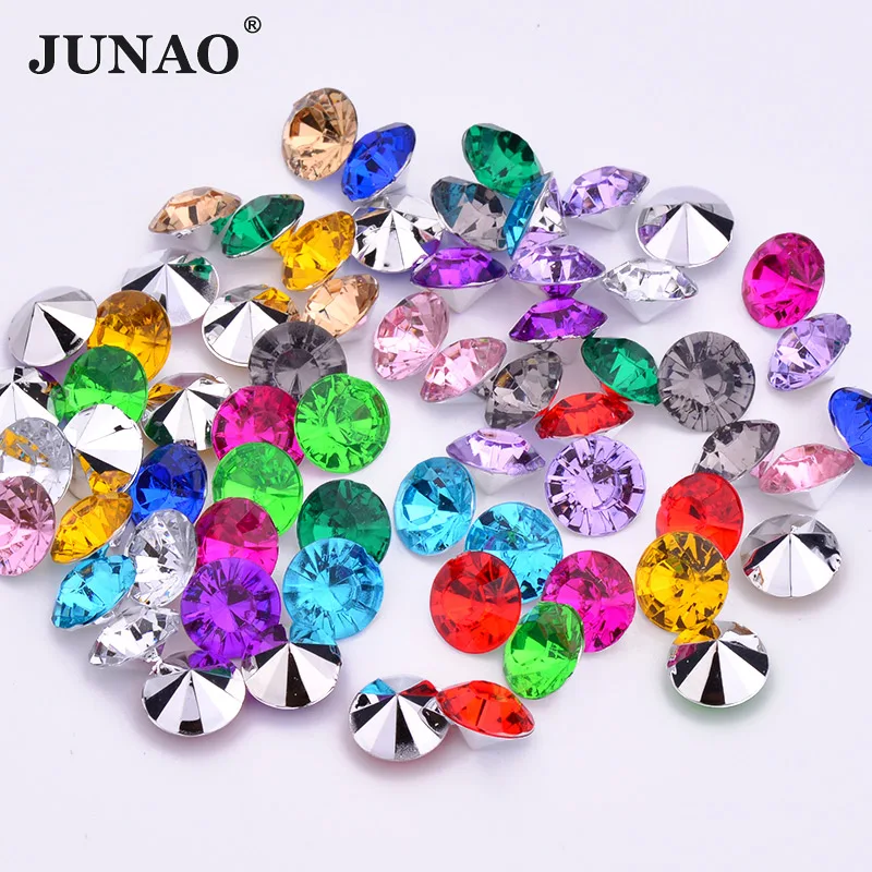 JUNAO 3 6 8 10mm Mix Color Pointback Acrylic Rhinestones Round Nail Crystal Stones Non Sewing Scrapbook Beads for Jewelry