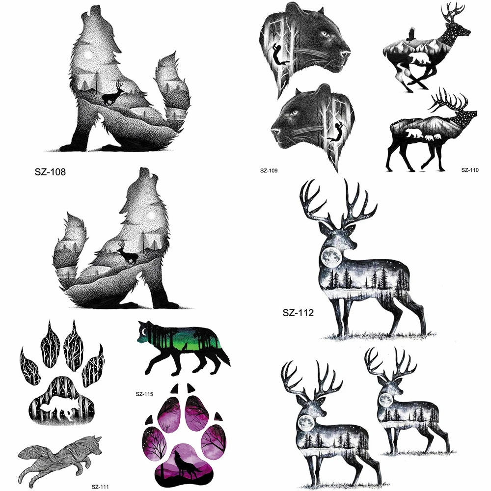 YURAN Tribe Moose Temporary Tattoo Men Arm Stickers Black Wolf Waterproof Tatoos Women Hands Small Cheetah Fake Tattoo Supplies