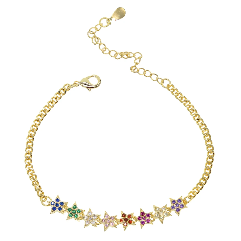 Gold Color Plated Rainbow Cz Flower Charm Bracelet Adjust Chain Delicate Stunning Minimal Cute Elegance Jewelry for Women