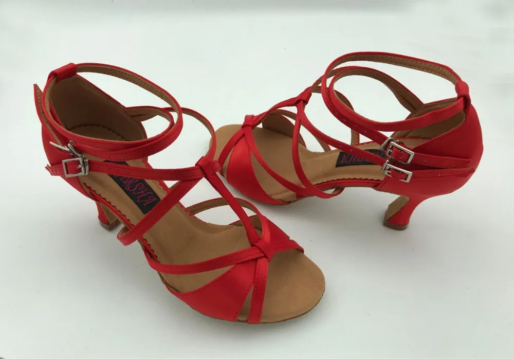 Sapatos de dança latina profissional para mulheres, sapatos de cetim vermelho, salão de baile elegante, salsa, tango, casamento e festa, 6232R