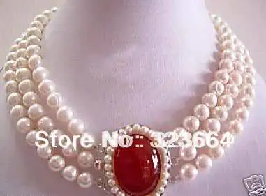 

3 Rows 7-8mm Stunning White FW Pearl/Red Necklace