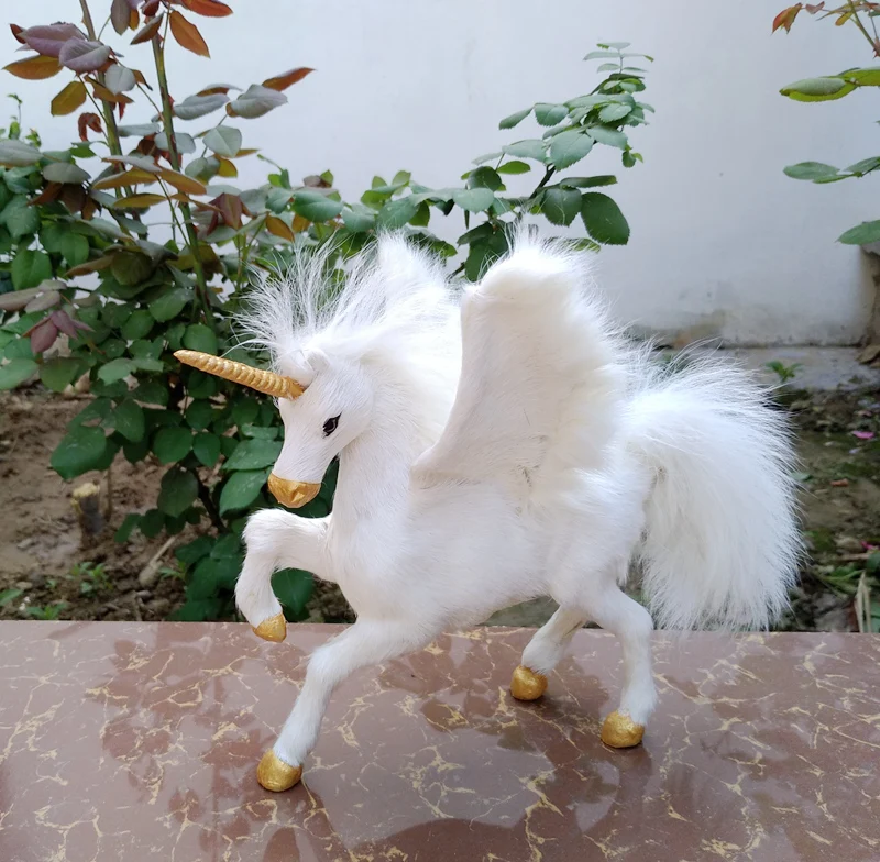 cute simulation unicorn model resin&fur white wings unicorn doll  about 23x14x20cm 2392