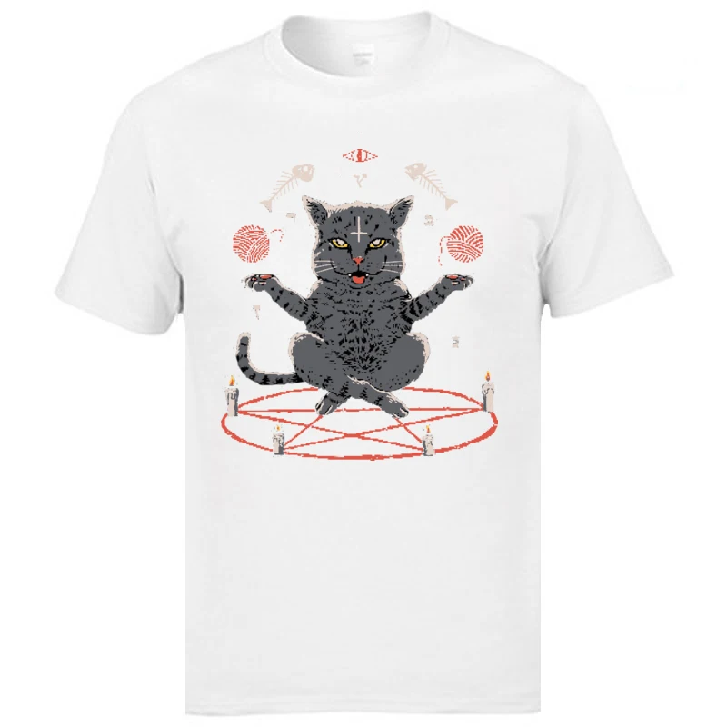 サタンよこしまなネクロマンサー猫魔法通常tシャツ悪魔猫おかしいデザイン新しいtシャツ男性綿 100% の夏tシャツ誕生日