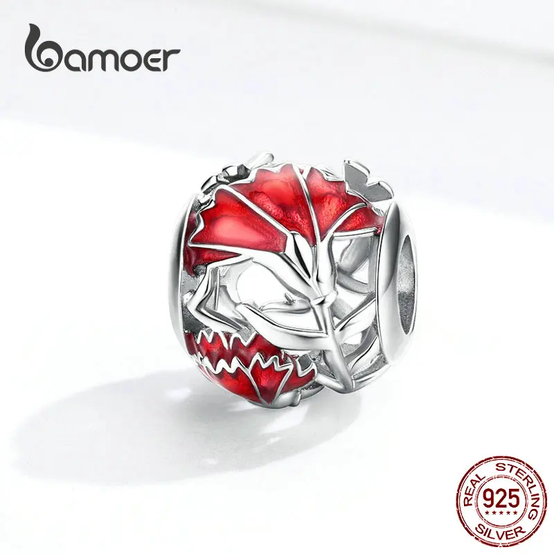 bamoer Mother's Flower Carnation Round Beads for Women Jewelry Making Openwork Red Enamel Petal Charm fit Bracelet Bangle BSC097