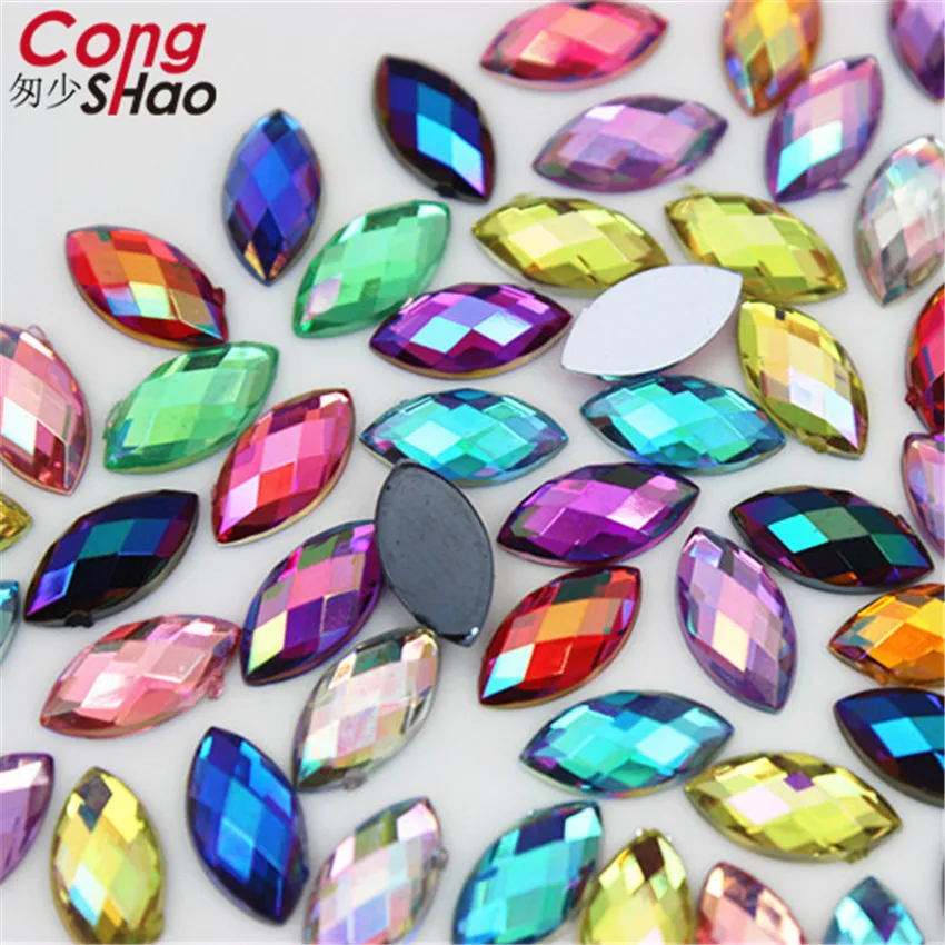 5*10mm Acrylic AB Rhinestones Eye Shape Crystal AB Flat Back 3D Nail Art Rhinestones Flatback Stones For Face Decorations WC366