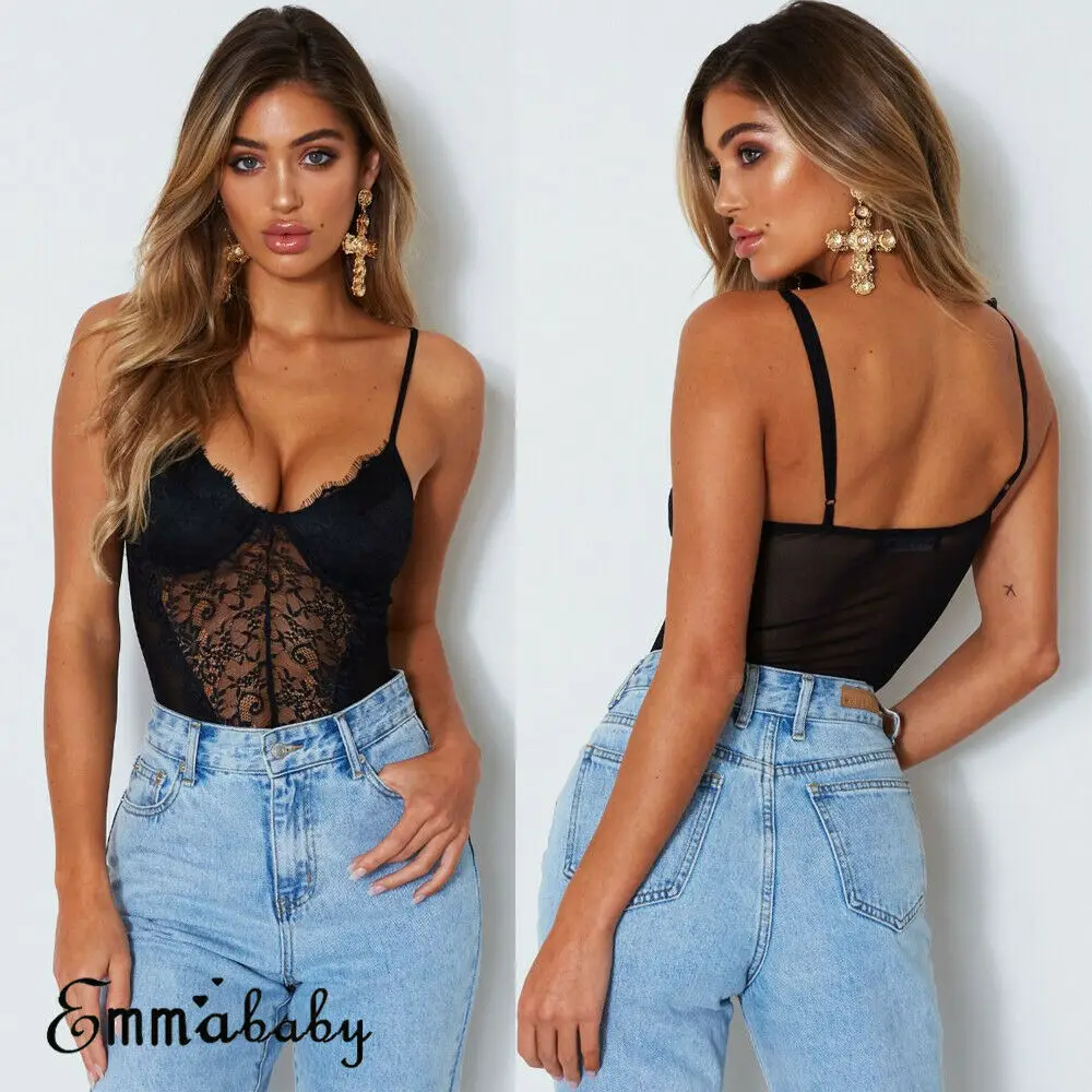 Women Sleeveless Lace Stretch V-Neck Leotard Bodycon Bodysuit Top 2019 Summer Jumpsuit Backless Leotard Bodies One Piece New