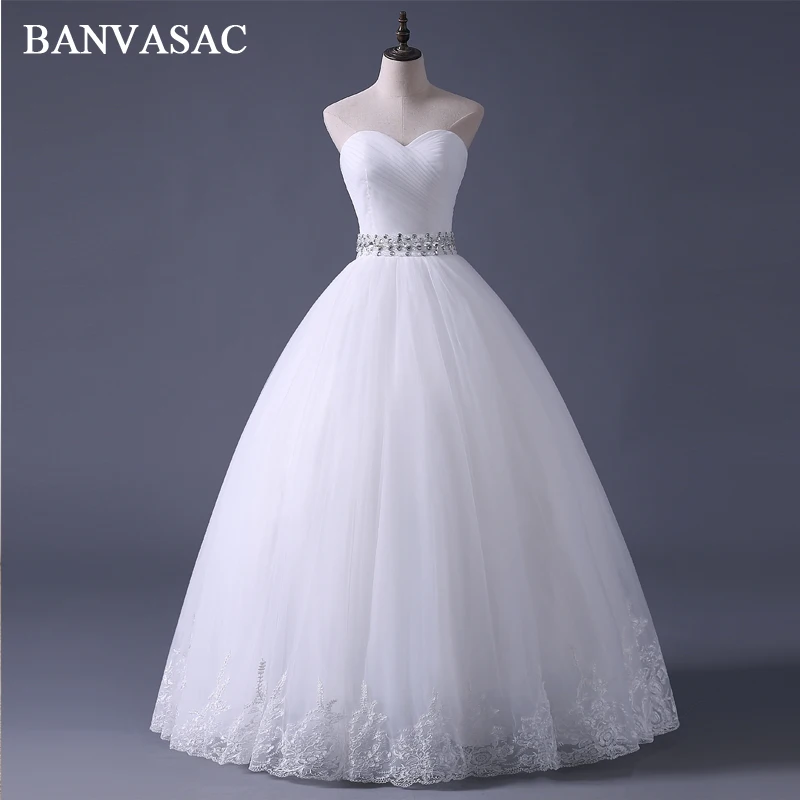 

BANVASAC Pleat Strapless Lace Embroidery Ball Gown Wedding Dresses Real Photos Crystal Sash Backless Bridal Gowns