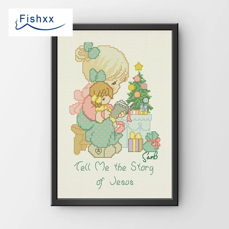 European Style Idyllic Cartoon Characters Fishxx Cross Stitch Kit H061 Christmas Night Mother And Daughter To See The Story Book