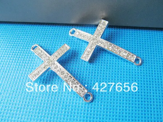 5pcs 24.00mmx42.80mm Silver Plated Sideway Rhinestones Cross Connector Pendant Charm,Dotted Rhinstones,DIY Accessory