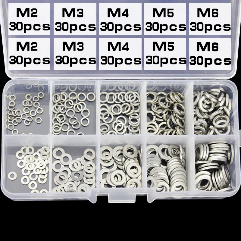 300pcs 304 Stainless Steel Spring Washers Flat Washers Assortment Kit M2 M3 M4 M5 M6 Washers Set