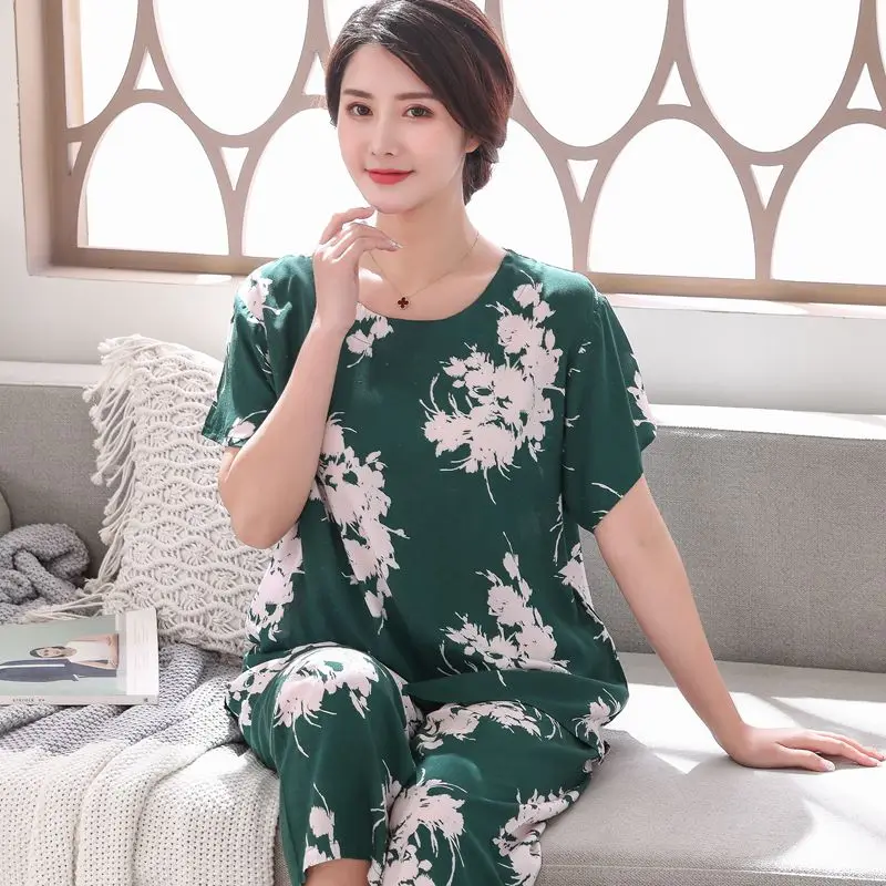 2PC Women Cotton Pajamas Set Summer New Thin Floral Short Sleeve Loose Sleepwear Casual Homewear Female Pyjamas Wholesale
