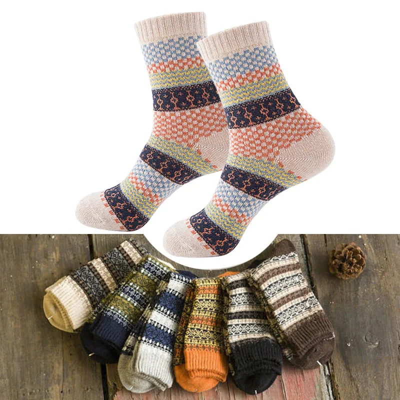 16 Colors Men Women Vintage Striped Totem Winter Socks Teenager Merino Wool Socks Rabbit Wool Thick Thermal Socks Art For Male