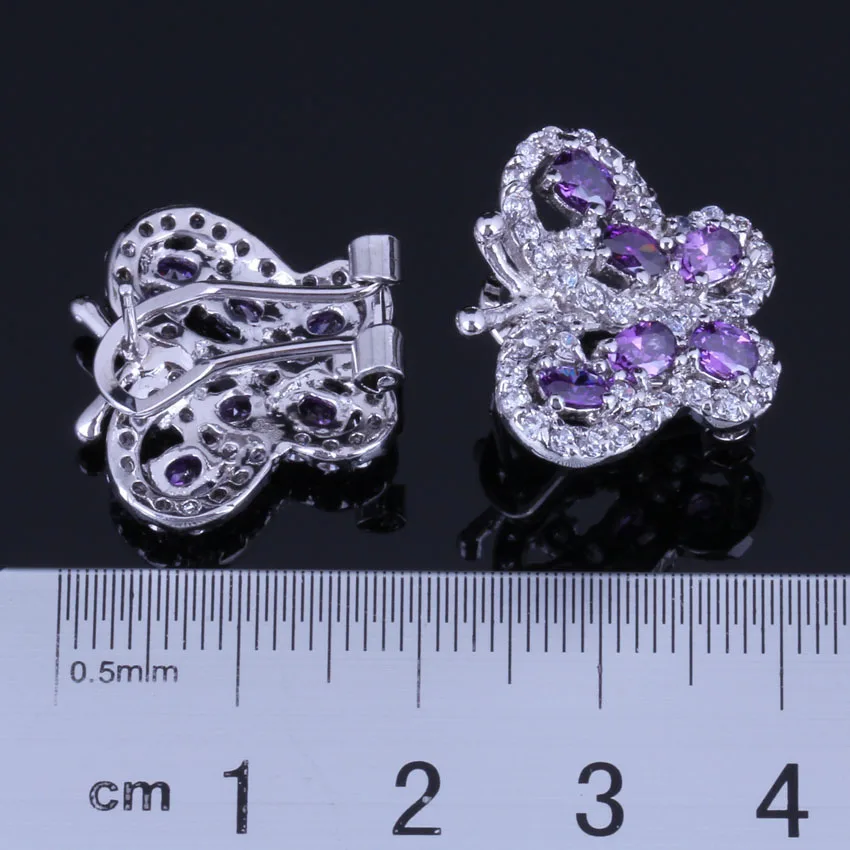 Majestic Butterfly Purple Cubic Zirconia White CZ Silver Plated Jewelry Sets Earrings Pendant Chain Ring V1000