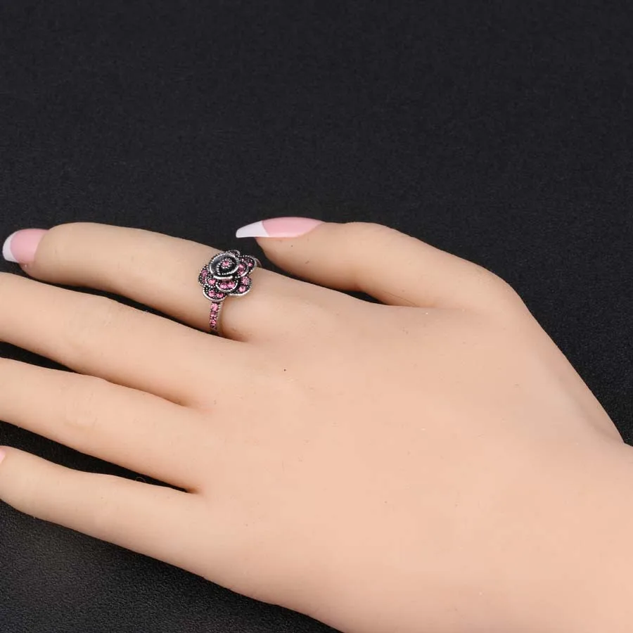 2018 New Fashion Flower Pink Crystal Ring Silver Color Love Wedding Rings For Women Vintage Jewelry Gift Wholesale Lots Bulk