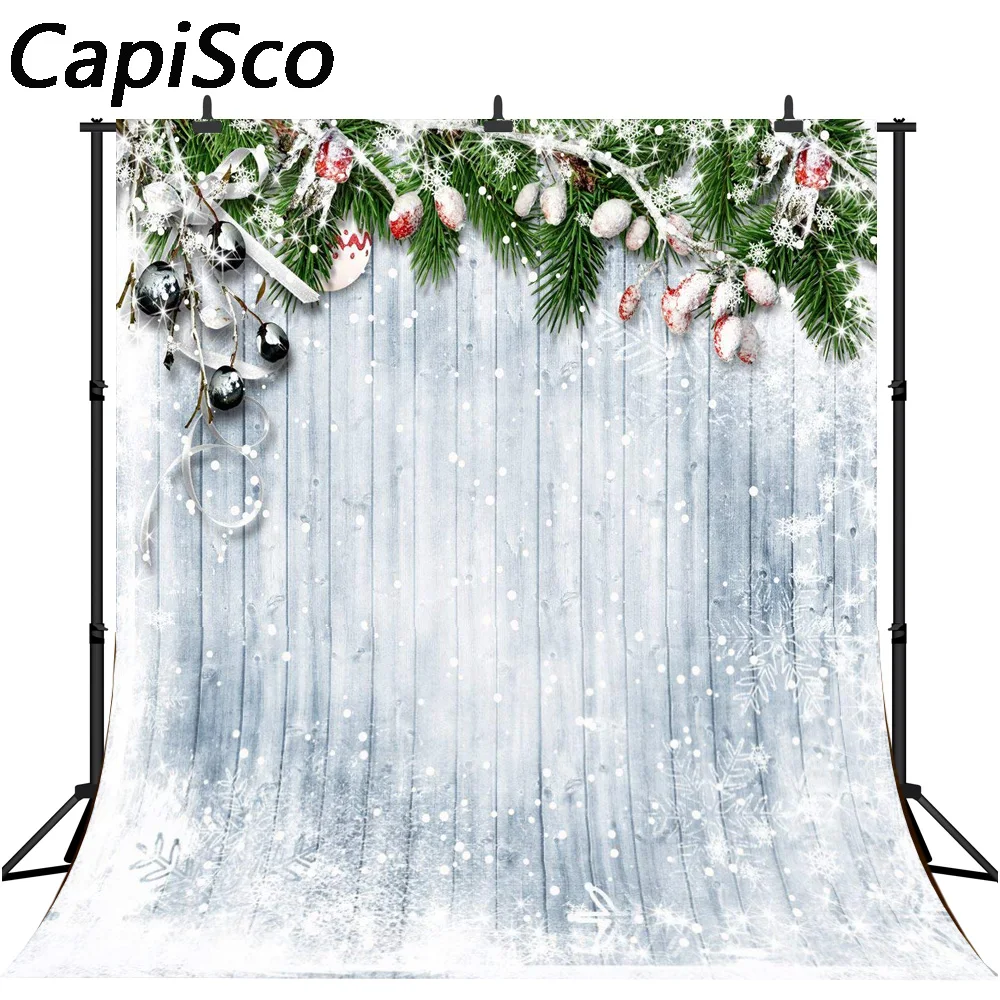 Capisco Vinyl Photography Backdrops Christmas Ornaments With Snow Decorated On Wood Background Studio Funds Fond Photo Props