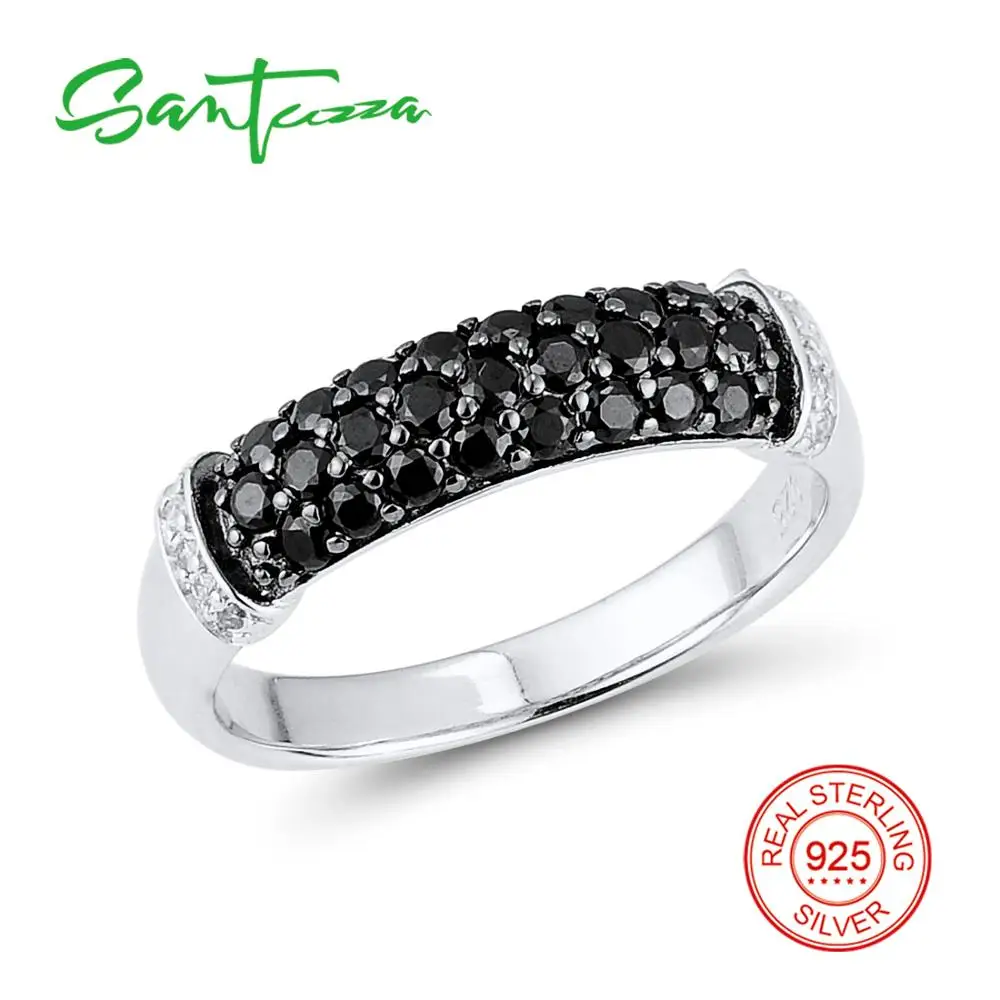 SANTUZZA Silver Ring For Women 925 Sterling Silver Fashion Round Rings Black Spinel White Cubic Zirconia  Party Delicate Jewelry