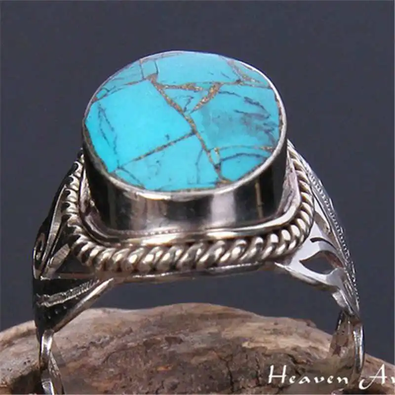 R107 Nepal India Vintage Jewelry Rings White Metal Copper Inlay Turquoise Flower Ring