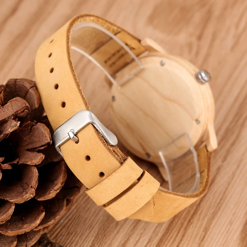 Natural Bamboo Wooden Watches Ladies Watch Female Precise Scale Wood Wristwatch Slim Leather Band Quartz Watches for Women Girls