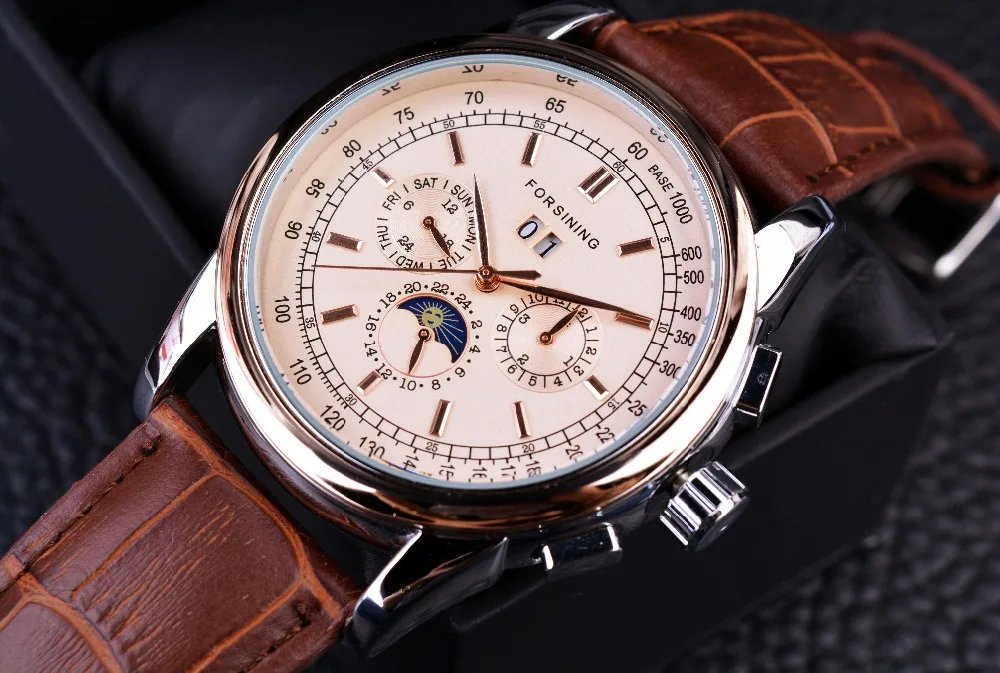 Forsining Moon Phase Shanghai Movement Rose Gold Case Brown Leather Strap Men Watch Top Brand Luxury Automatic Self Wind Watch