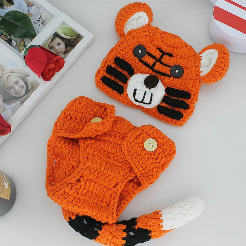 Knitting Soft Hat Pants Set Baby Clothing Accessories Cute Animal Bebe Newborn Photography Props Lionet/Chick/Tiger 0-4 Months