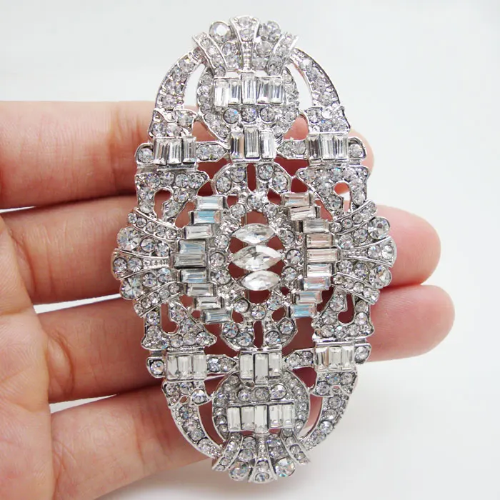 Bride Wedding Flower Buckle Silver Color Crown Brooch Pin Clear Rhinestone Crystal