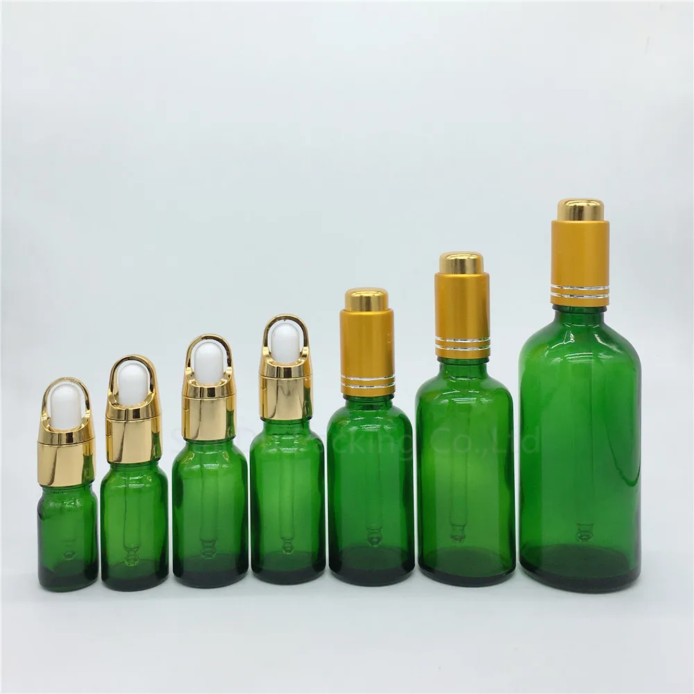 

100pcs 5ml,10ml,15ml,20ml,30ML,50ml,100ml Reagent Eye Dropper Essential Oil Bottle Gold Press Dropper Green Glass Perfume Bottle