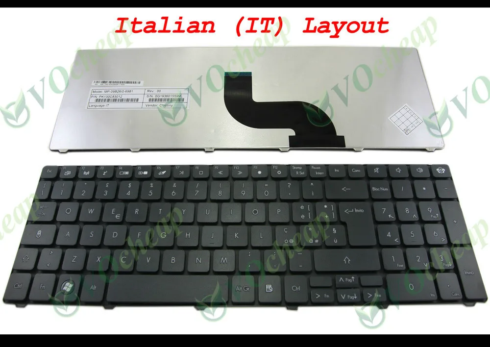 New Notebook Laptop Keyboard for Gateway NV53 NV53A NV55C NV59 NV59C Series Black Italian IT keyboard - MP-09B26I0-6981