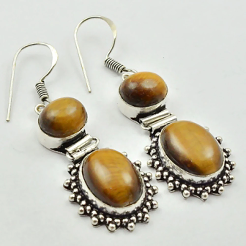 Tiger Eye , Silver Overlay on Copper Earrings, 52 mm , E2756