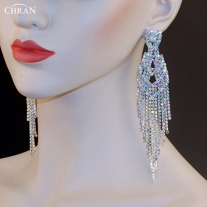 CHRAN Silver Rhinestone Long Tassel Earrings Elegant Crystal Eardrop Festival Wedding Jewelry for Women