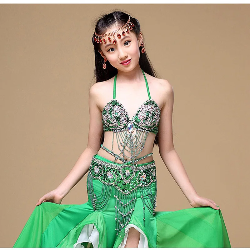 New High Quality Children Belly Dance Costumes 6 Colors Girls Belly Dance Outfit Costume Clothes (Bra+Belt+Dress) 3Pcs/set