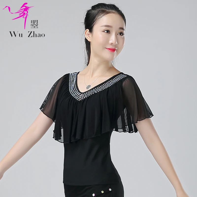 

New Latin Dancing Blouse Girls Rumba Samba Dancing Wear Adult Short Sleeve Ballroom Dance Shirt V Neck Dancing Costumes D-0657