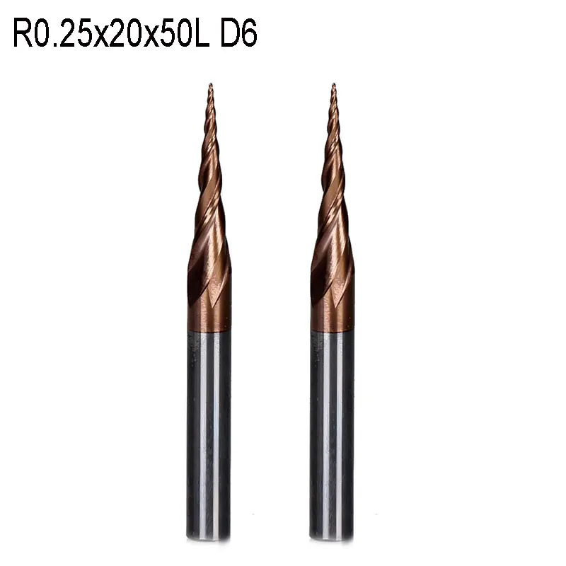 2Pc R0.25 * D6 * 20 * 50L * 2F HRC55 Tungsten Vhm Taper Radiusfrees kegel Frees Cnc Router Bit Gereedschap Huhao-1843
