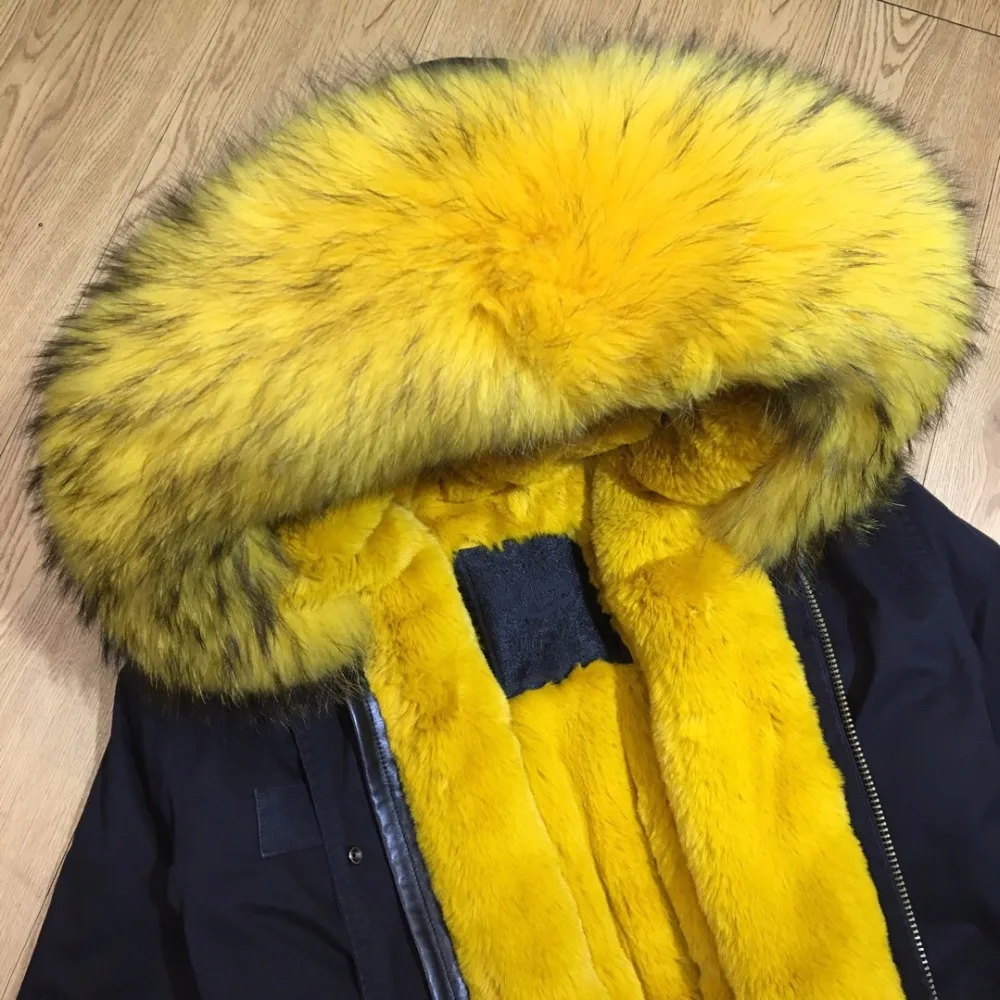 Bright Yellow Faux Fur Lined Parka Navy Cotton Long Overcoat For Women Winter Raccoon Fur Collar Coat