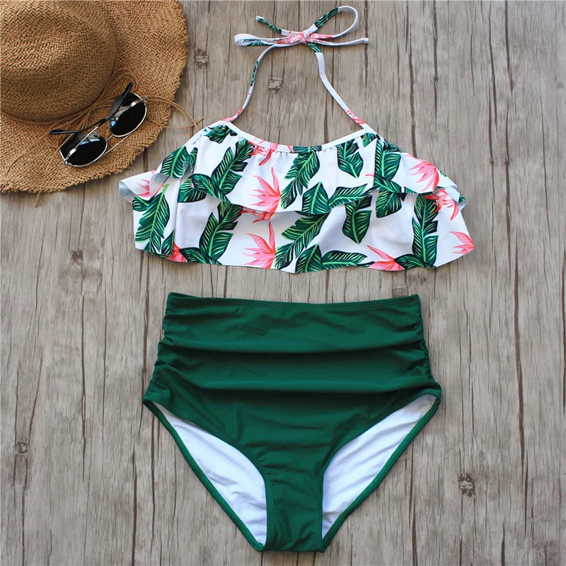 

2020 Bikini Set Double Ruffle Swimwear Women Sexy Swimsuit Off Shoulder High Waist Swim Wear Beach Bathing Suits Plus Size 3XL