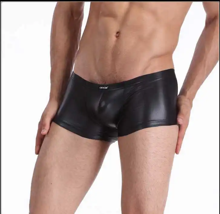 Free shipping Male u sexy panties japanned leather panties men body shaping tight trunk close-fitting faux leather boxers