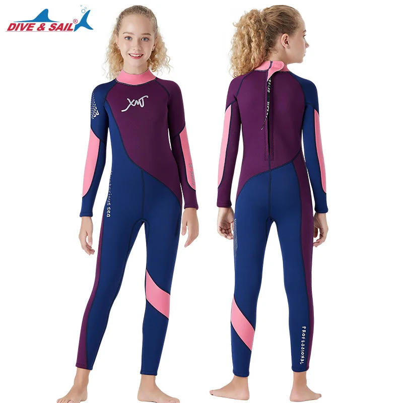 Girls 2.5MM Neoprene Thick Warm Wetsuit Youth One-piece Long Sleeve Diving Suit Snorkeling Surfing Suits Swimwear Rash Guards