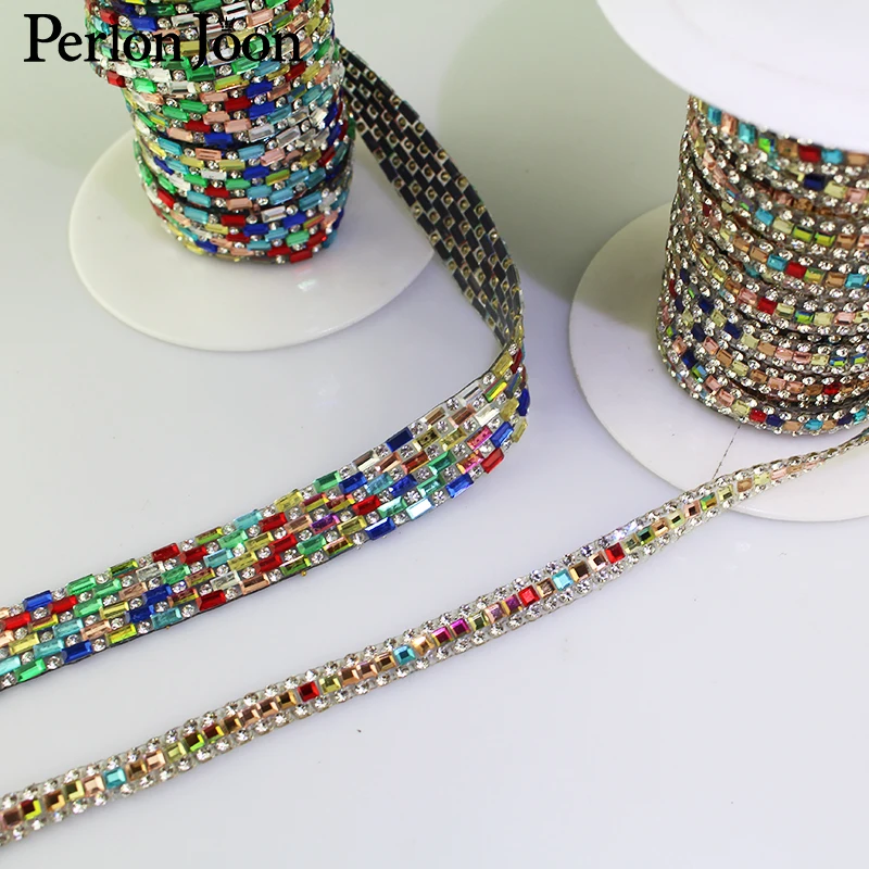 1 yard Mixed color rhinestone hot fix tape ribbon glass crystal rhinestone decoration iron on shoes clothing accessories TR026