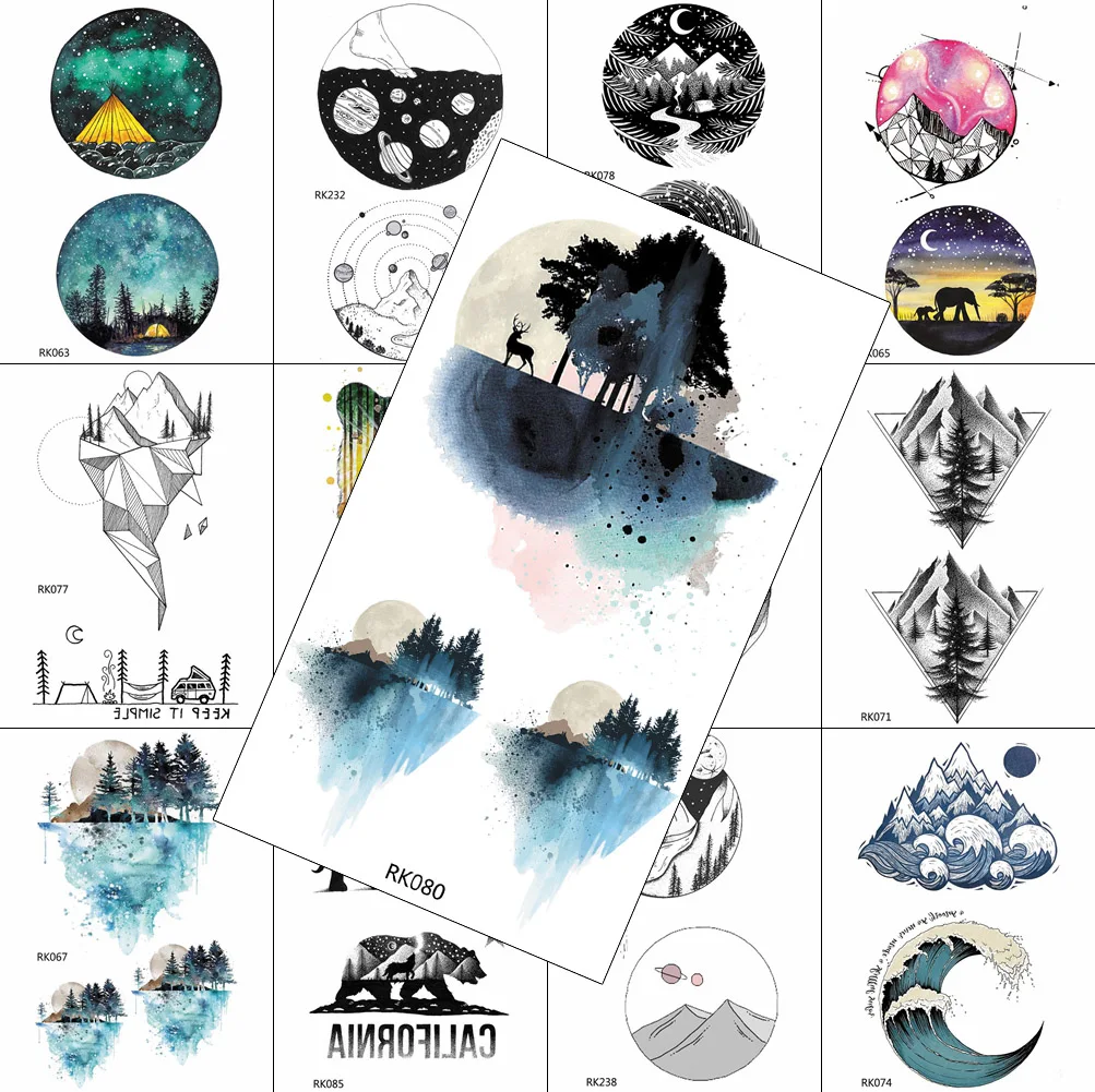 

Временные татуировки с акварельным лесом, Реалистичная наклейка, водостойкая Татуировка в виде Луны и звезды, искусственная картина для боди-арта, искусственные татуировки для мужчин
