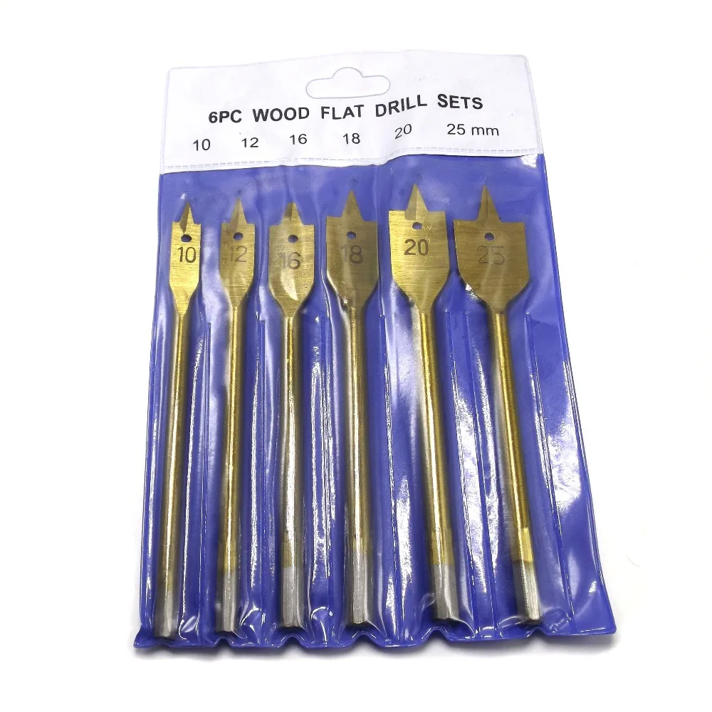 

6pcs Set Titanium Coating Hex Shank Spade Bits Flat Boring Bit Wood Drill Bit Power Tools Hole Saw 10,12,16,18,20,25mm Drilling