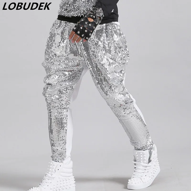 Tide Male Sequins Harem Long Pants Singer Dancer Hip Hop Rock Dance Performance Costume Nightclub Bar Pencil Trouser White Black