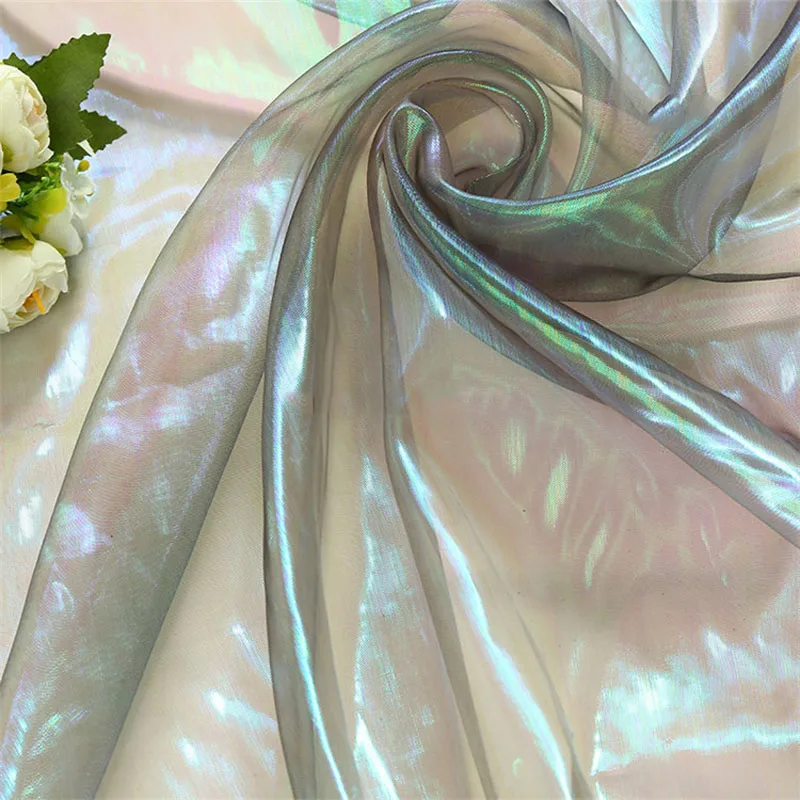 Designer Fluorescent Fabrics Colorful Shiny Gauze Dress Fabric Stage Wedding Decor Tissue Voile Transparent Holographic Fabric